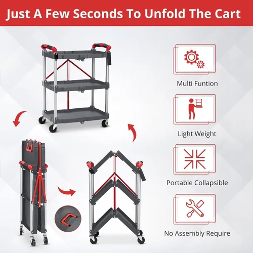 Vista 3 de Carrito de servicio plegable portátil de 3 niveles, carrito plegable con ruedas, capacidad de carga de 56 libras por estante, carritos plegables