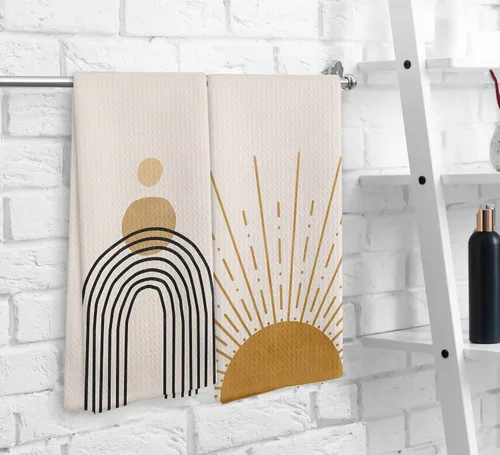 Vista 6 de Juego de 2 toallas de cocina y paños de cocina bohemios abstractos con diseño de amanecer y atardecer, diseño bohemio, para baño, cocina, 16 x 24