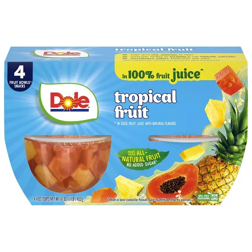 Vista 4 de Dole Cuencos de Fruta Fruta Tropical en Jugo 100%, Aperitivos de 4oz, 36 Tazas en Total, Sin Gluten y Sin Lácteos, Aperitivos de Almuerzo a Granel