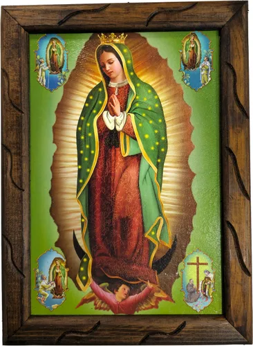 Vista 5 de Mrcjsales: imagen de Nuestra Señora de Guadalupe con imágenes en la esquina en marco rústico, pintura al óleo, 24 x 36 pulgadas, 13 x 18 pulgadas