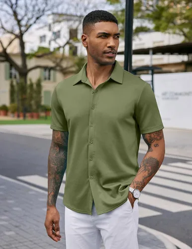 Vista 6 de COOFANDY - Camisas sin arrugas para hombre, casual, manga corta, con botones, de verano, elástica, de vestir