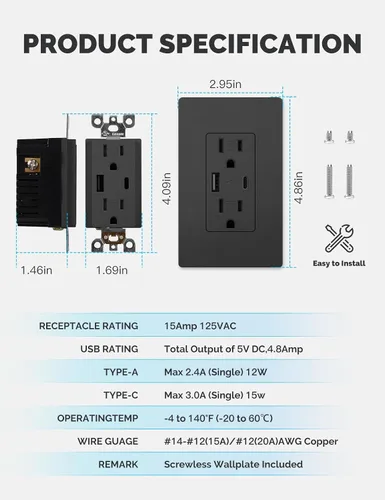 Vista 6 de MOES - Salidas USB (certificadas UL), puertos tipo C y USB-A, carga rápida de 5VDC 4.8A 24W, resistente a manipulaciones, compatible con caja