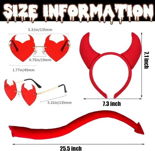 Vista 7 de Conjunto de disfraz de demonio de Halloween, diadema de cuernos de diablo y cola de diablo y cuernos de diablo, lentes de sol de corazón