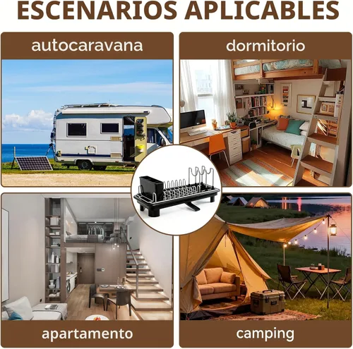 Vista 7 de Escurridor compacto para encimera, tamaño pequeño para dormitorios, caravanas y cocinas pequeñas, drenaje automático, ranuras ajustables, resistente