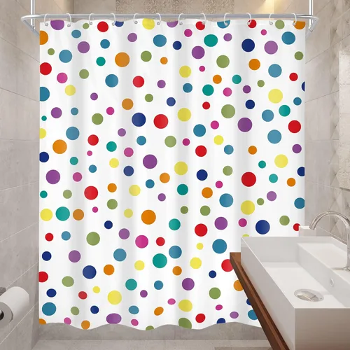 Vista 4 de Cortina de ducha colorida de lunares de 60 pulgadas de ancho x 72 pulgadas de alto, para niños, diseño de arco iris, linda geometría