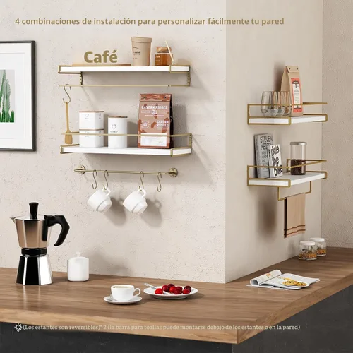Vista 6 de Forbena - Estantes flotantes de baño montados en la pared, estantes blancos y dorados estéticos para accesorios de baño, organizador de baño moderno