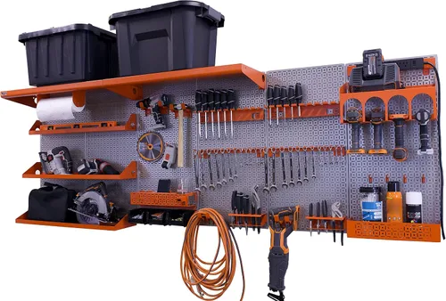 Vista 15 de OmniWall Weekend Warrior Ultimate Tool Kit - Sistema de Almacenamiento de Pared de Tablero de Clavos de Metal de 96" x 32" Negro/Naranja