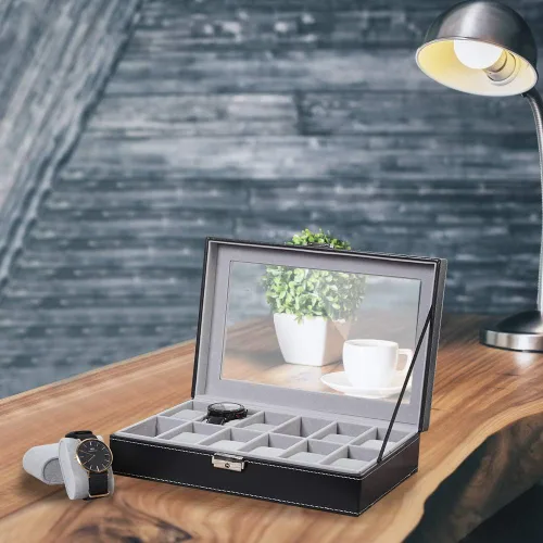 Vista 7 de LIANTRAL Caja de reloj para hombre regalo de San Valentín para él 12 ranuras de cuero organizador de reloj parte superior de cristal negro