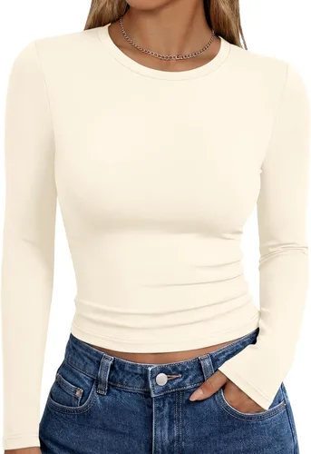 Vista 45 de Trendy Queen Camisetas de manga larga para mujer, camisetas básicas de Verde militar