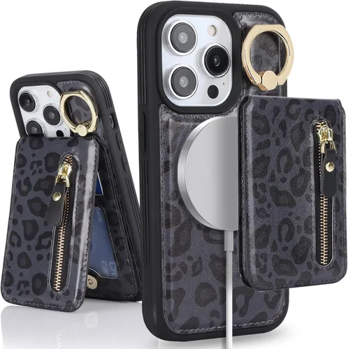 Vista 21 de para iPhone 14 Funda con soporte magnético Magsafe compatible, llavero de cuero PU plegable con soporte desmontable, funda tipo cartera 2-en-1