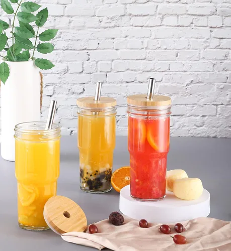 Vista 7 de 2 Vasos de Vidrio de 24 oz con Tapas de Bambú y Pajitas y 2 Tapas Herméticas, Vaso Reutilizable para Batidos Tarro Mason Vasos para Beber Vasos