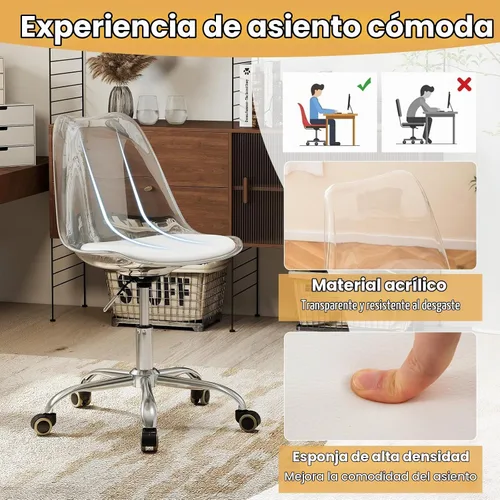 Vista 4 de GIANTEX Juego de 2 sillas de escritorio de acrílico transparente, modernas sillas de oficina en casa con cojín y ruedas de piel sintética, silla