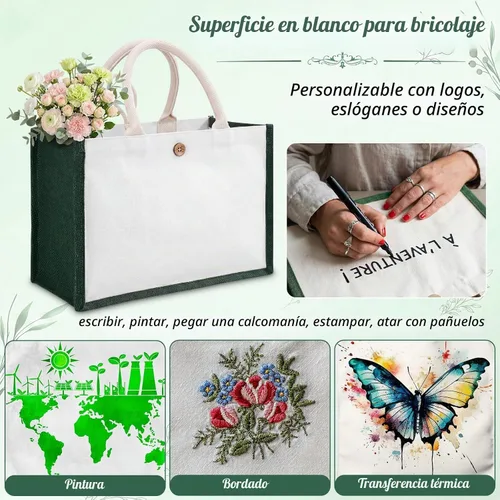 Vista 7 de 12 bolsas de yute de arpillera, bolsas de playa con asas, reutilizables, impermeables, bolsa de compras en blanco, bolsa de regalo de lona