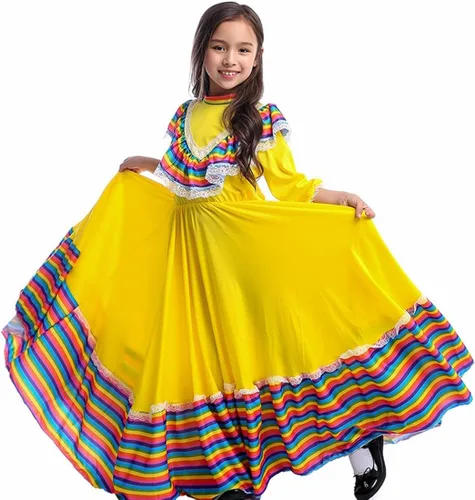 Vista 7 de Girls Mexican Dress Folklorico Traditional Dresses Holiday Toddler Dance Skirt Kids Halloween Carnival Birthday Gowns
