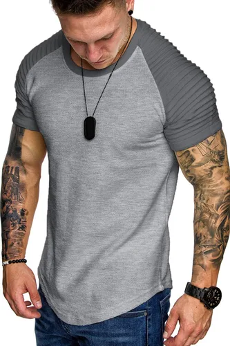 Vista 29 de COOFANDY Camiseta Muscular para Hombre de Manga Raglán Plisada Camiseta de Culturismo para Gimnasio Manga Corta Camisas de Entrenamiento de Moda