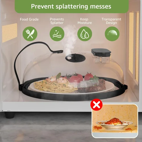 Vista 2 de Cubierta contra salpicaduras de microondas con vaporizador de agua para alimentos, protector de salpicaduras de microondas de vapor de 10 pulgadas