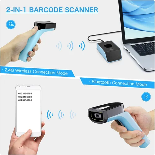 Vista 4 de NETUM Escáner de código de barras 1D, Bluetooth inalámbrico con cuna Azul