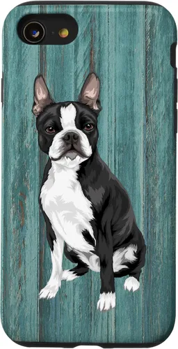 Vista 18 de Boston Terrier Faux Blue Wood Background Case for iPhone 17