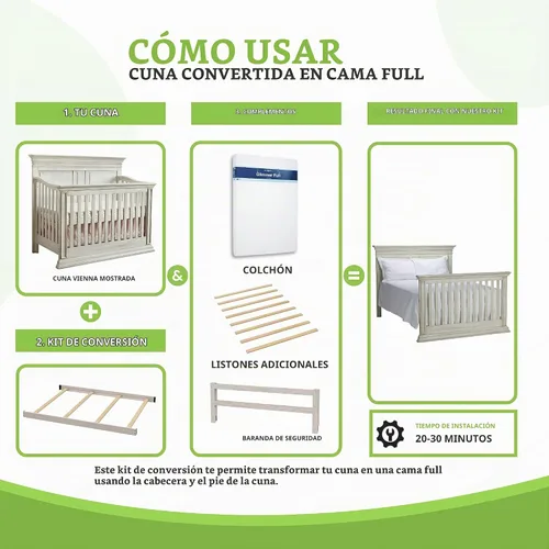 Vista 5 de Kit de conversión de tamaño completo, rieles de cama para cunas de bebé, múltiples acabados disponibles (blanco antiguo)