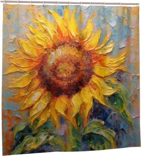 Vista 7 de YLATY2395 - Cortina de ducha de girasol para baño, pintura al óleo, hojas verdes, flores, bohemio, tela amarilla abstracta, moderna, impermeable