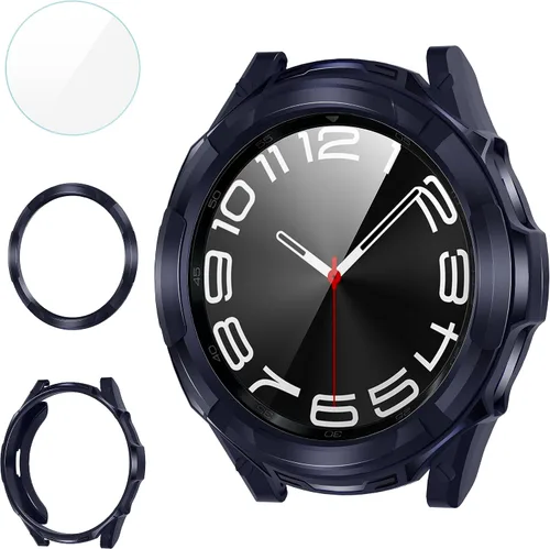 Vista 9 de Suoman Funda 3 en 1 para Samsung Galaxy Watch 6 Classic de 1.850 in, protector de pantalla de vidrio templado HD, cubierta protectora completa