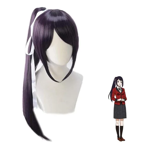 Vista 2 de Anime Sayaka Igarashi Cosplay peluca para Kakegurui peluca púrpura mezclado negro sola cola de caballo partida pelo Lolita peluca disfraz