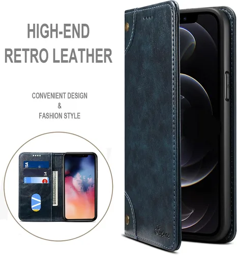 Vista 3 de SINIANL Funda Compatible para iPhone 13 de Cuero, Funda Tipo Cartera con Diseño de Libro, Cierre Magnético, Soporte, Ranuras para Tarjetas, Tapa Azul