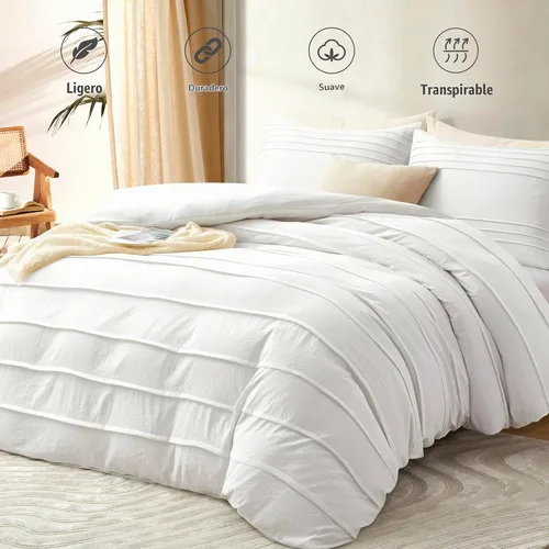 Vista 2 de Oli Anderson - Funda de edredón blanca tamaño Queen, funda de edredón plisada tamaño Queen, juego de ropa de cama texturizada suave y transpirable