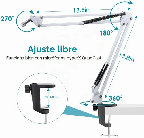 Vista 4 de Brazo de micrófono blanco para HyperX QuadCast S - Brazo de micrófono blanco compatible con el micrófono HyperX Quadcast, soporte de brazo de 02
