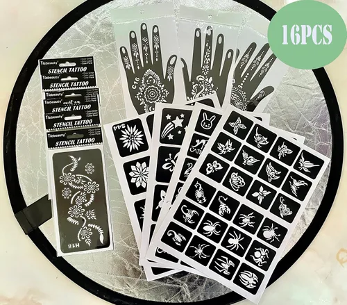 Vista 2 de Kit de Plantillas de Tatuajes Temporales de Henna de 16 Hojas, 72 PIEZAS Patrones de Animales y Flores Henna para Pintura Facial Plantillas de Arte