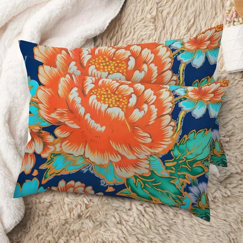 Vista 70 de Juego de 2 almohadas coloridas de estilo chinoiserie, color rosa intenso, azul real, peonía, floral, blanco, lino, estilo chinoiserie, para sofá