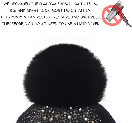 Vista 3 de Gorro de invierno para mujer con pompón de piel sintética cálido suave con diamantes de imitación para mujer