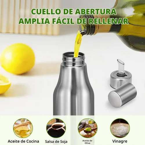 Vista 4 de Botella dispensadora de aceite de acero inoxidable - Decantador de aceite de oliva a prueba de fugas para cocina (17 onzas)