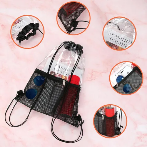 Vista 6 de Paquete de 2 bolsas transparentes con cordón aprobadas para estadios, mochila transparente de PVC con cordón, Negro -, Bolso de cordón transparente