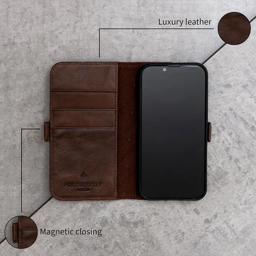 Vista 3 de Porter Riley - Funda de cuero para Samsung Galaxy S23. Funda de cuero genuino premium con soporte/cartera/cubierta (marrón chocolate)