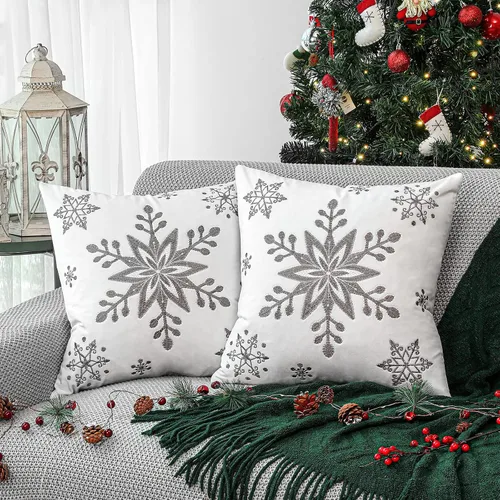 Vista 10 de Lewondr - Fundas de almohada navideñas con copo de nieve de 20 x 20 pulgadas, color blanco y amarillo Velvet Texture, Exquisite Embroidery