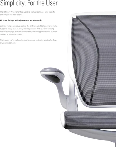 Vista 8 de Humanscale Diffrient World - Silla de escritorio de oficina – Brazos Duron ajustables – Marco negro a rayas negras respaldo y malla de asiento