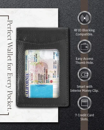 Vista 3 de Access Denied Billeteras de cuero real para hombres Billetera plegable con clip para dinero, bolsillo frontal RFID, delgada y minimalista