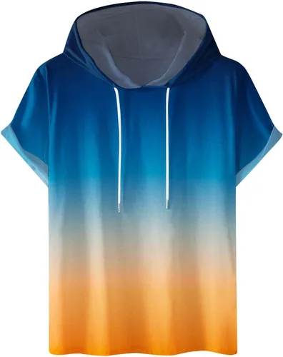 Vista 5 de Camisa de algodón para hombre, de moda, manga corta, con cordón, con capucha, ajuste holgado, atlética, camisetas de entrenamiento