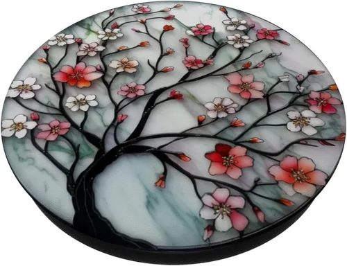 Vista 2 de vidrieras de color agua flores de cerezo PopSockets Standard PopGrip