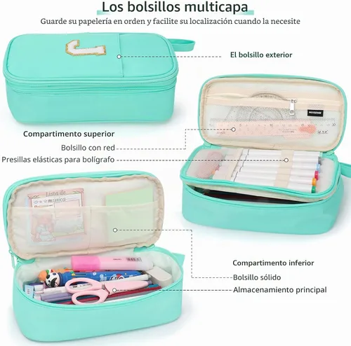 Vista 5 de Estuche Grande para Lápices, Bolsa de Lápices de Gran Capacidad, Bolsa de Lápices Personalizada con Inicial con Cremallera Suave, Múltiples Azul