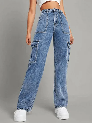 Vista 5 de SweatyRocks Pantalones de jeans tipo cargo, de cintura alta, para mujer, con bolsillo con solapa y pierna ancha