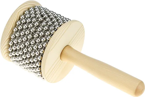 Vista 4 de QWORK Cabasa Instrumento musical de percusión de madera, coctelera de cuentas de acero inoxidable de 3.5 pulgadas con mango de madera