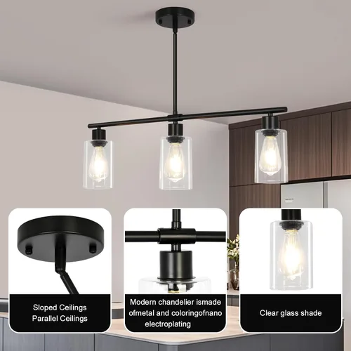 Vista 4 de Iluminación de isla de cocina, 3 luces negras para comedor, lámpara de araña lineal moderna con pantalla de vidrio transparente, 31 pulgadas