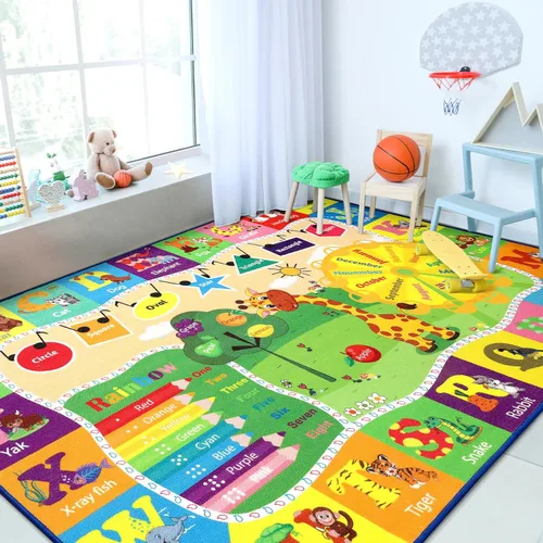Vista 2 de Chicrug Alfombra educativa para niños de 3 x 5 pies para sala de juegos, TPR antideslizante para niños, alfombra de aula para aprender animales ABC