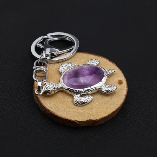 Vista 7 de Llavero de tortuga marina con piedras preciosas naturales para bolso, mochila, bolso, accesorio de joyería, Amatista natural