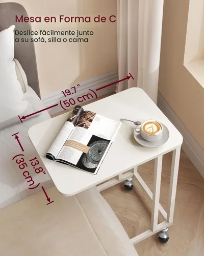 Vista 3 de VASAGLE Mesa auxiliar, bandeja de TV en forma de C con marco de metal y ruedas giratorias para café, laptop, móvil, tableta, mesa auxiliar