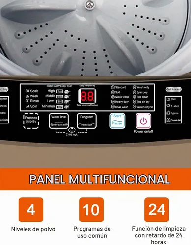 Vista 5 de KRIB BLING Bomba de drenaje portátil de 17.7 libras, lavadora completamente automática con pantalla LED, 10 programas y 8 niveles de agua Dorado