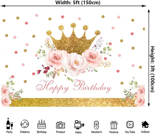 Vista 2 de Telón de fondo de feliz cumpleaños de 5 x 3 pies para niñas, corona dorada, fondo de fotografía floral rosa para decoración de fiesta de cumpleaños