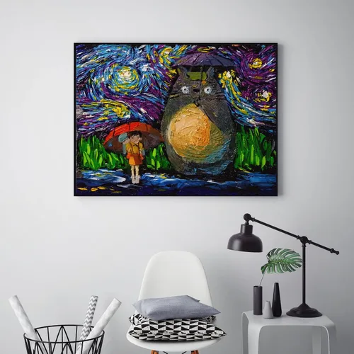 Vista 2 de Uhomate Decoración de pared inspirada en dibujos animados Vincent Van Gogh Noche estrellada pósteres para el hogar, lienzo para decoración de pared